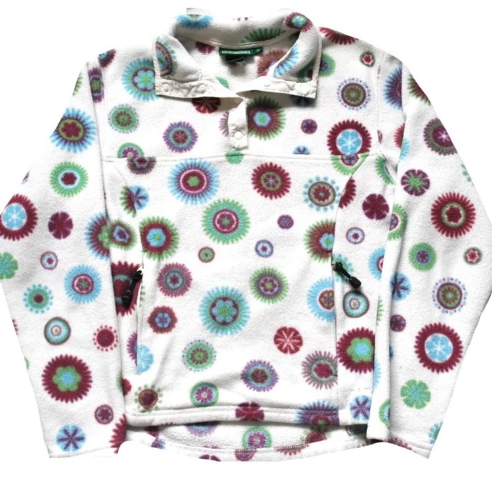 Vintage L.L. Bean Fleece TSnap Pullover Jacket Floral Nordic Print Pockets White